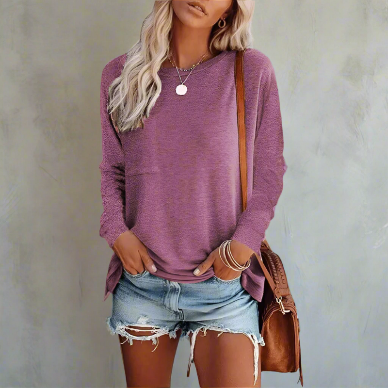Top in Cotton — Relaxed Long Sleeve Crew Neck with Chest Pocket for Women