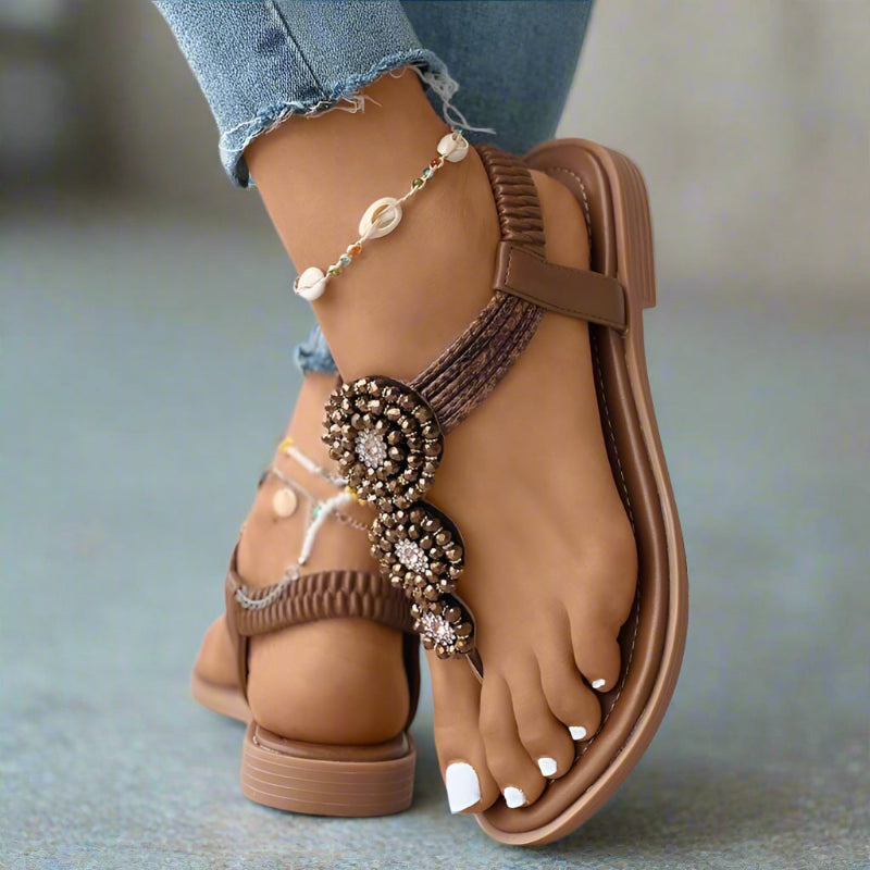 Flat Sandals | Beaded Floral Detail | Toe Post Boho Style
