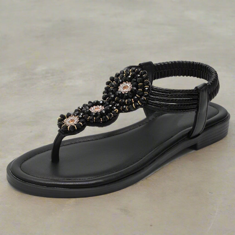 Sandals with Woven Ankle Strap — Flat Boho Thong with Beaded Floral Medallion Detail