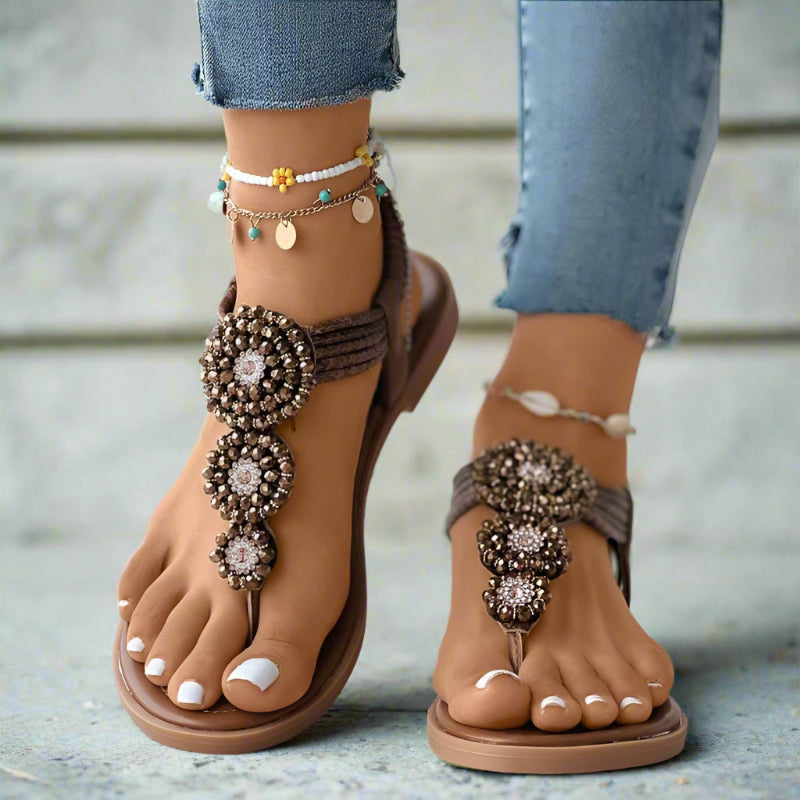 Flat Sandals | Beaded Floral Detail | Toe Post Boho Style