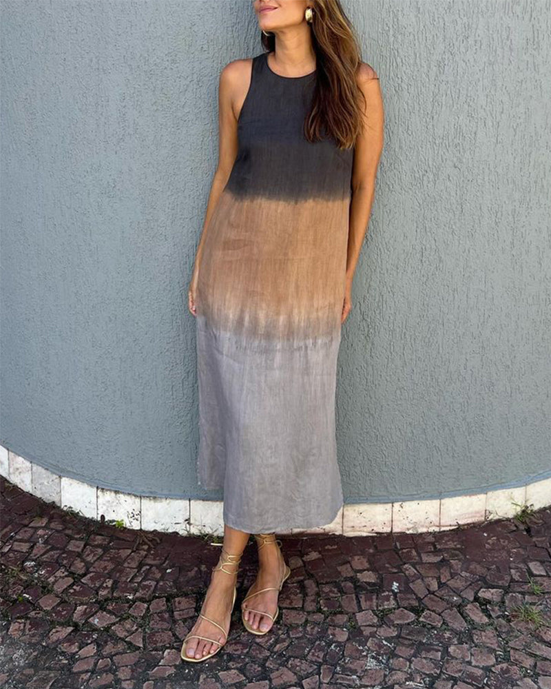 Dress in Viscose Ombre Midi — Sleeveless Crew Neck with Side Slit for Summer