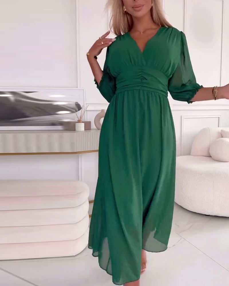 Dress in Chiffon — V Neck Puff Sleeve Midi with Ruched Waist for Evening