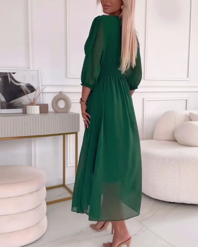 Dress in Chiffon — V Neck Puff Sleeve Midi with Ruched Waist for Evening
