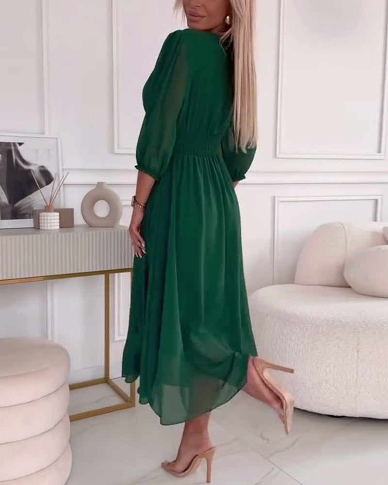 Dress in Chiffon — V Neck Puff Sleeve Midi with Ruched Waist for Evening