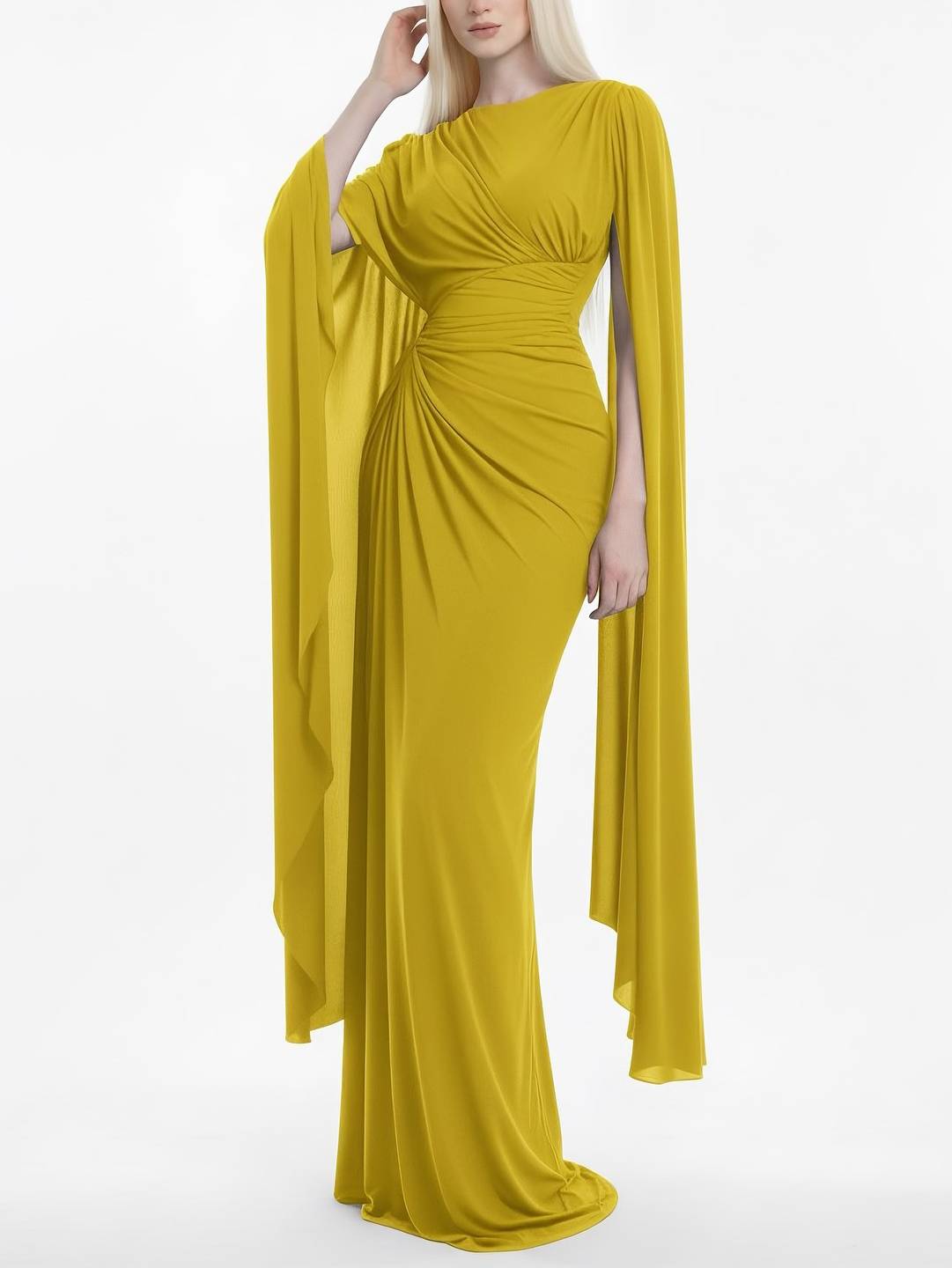 Dress in Chiffon — Cape Sleeve Maxi with Boat Neck and Ruched Waist for Formal Events