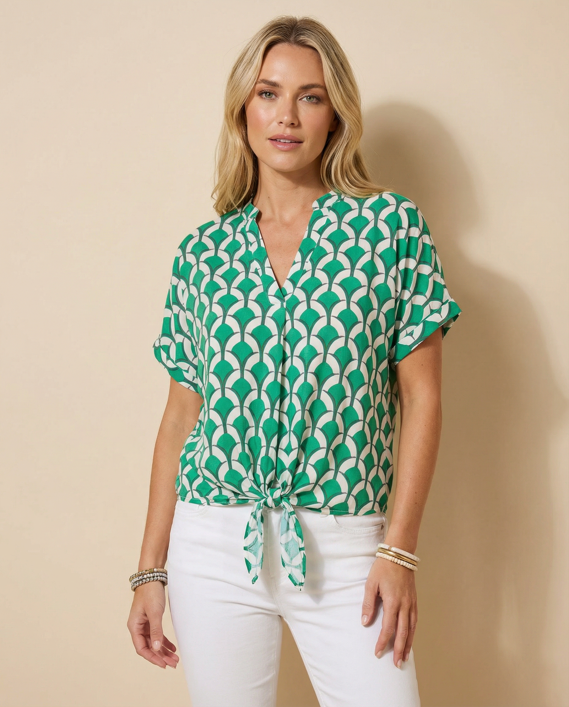 Blouse in Viscose — Tie Front with Geometric Print and V Neck Short Sleeves