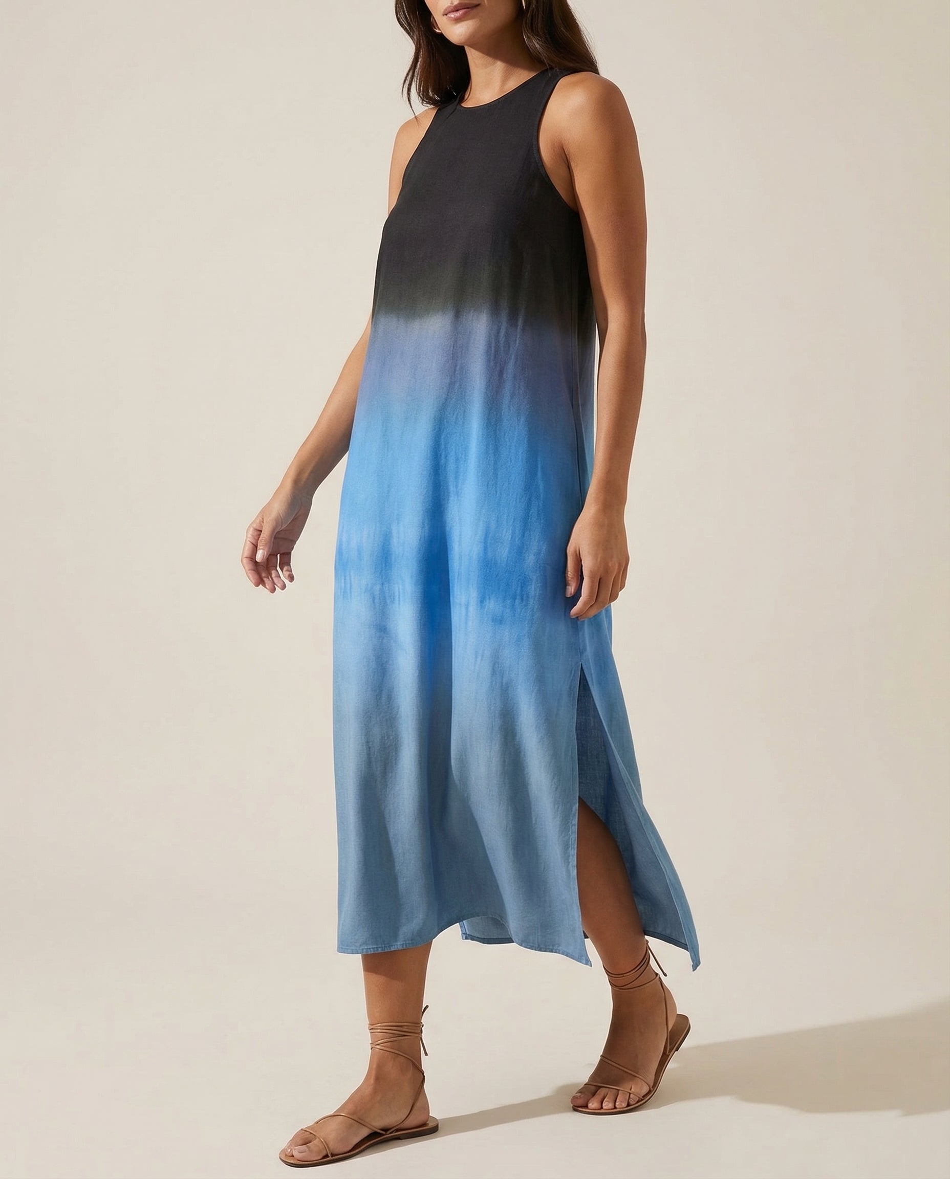 Dress in Viscose Ombre Midi — Sleeveless Crew Neck with Side Slit for Summer
