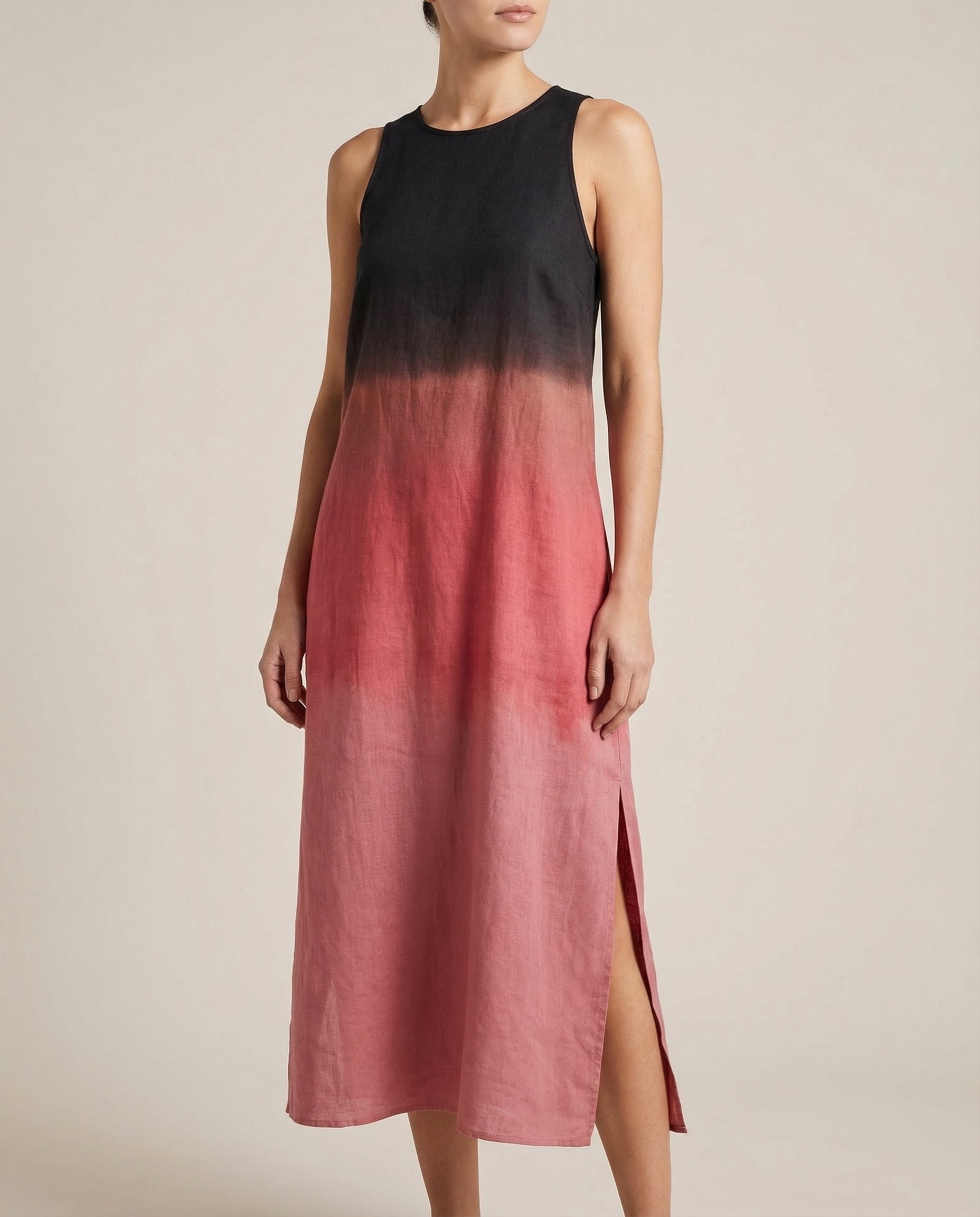 Dress in Viscose Ombre Midi — Sleeveless Crew Neck with Side Slit for Summer