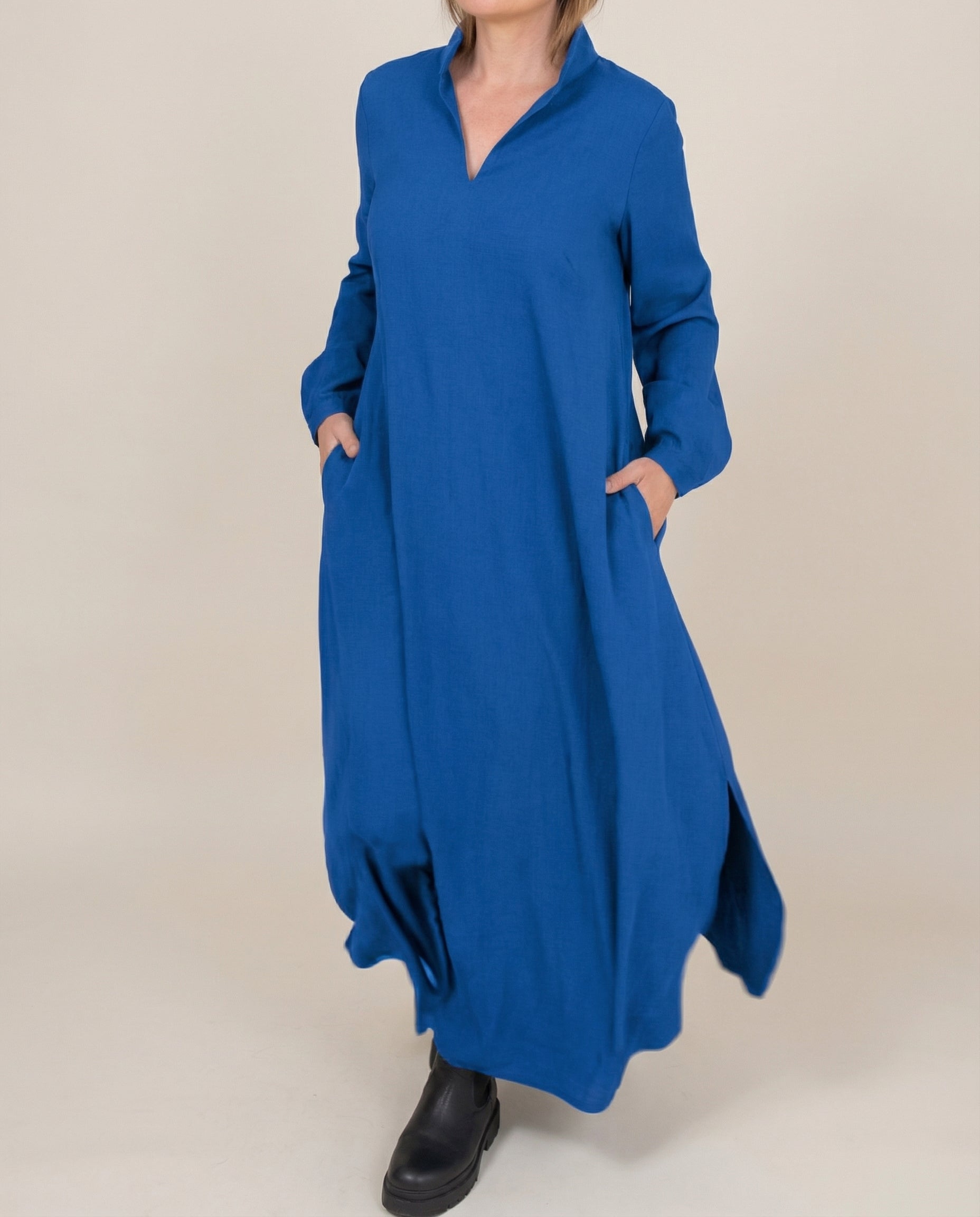 Dress in Linen — Long Sleeve Casual Loose Maxi with Stand Collar and Side Pockets