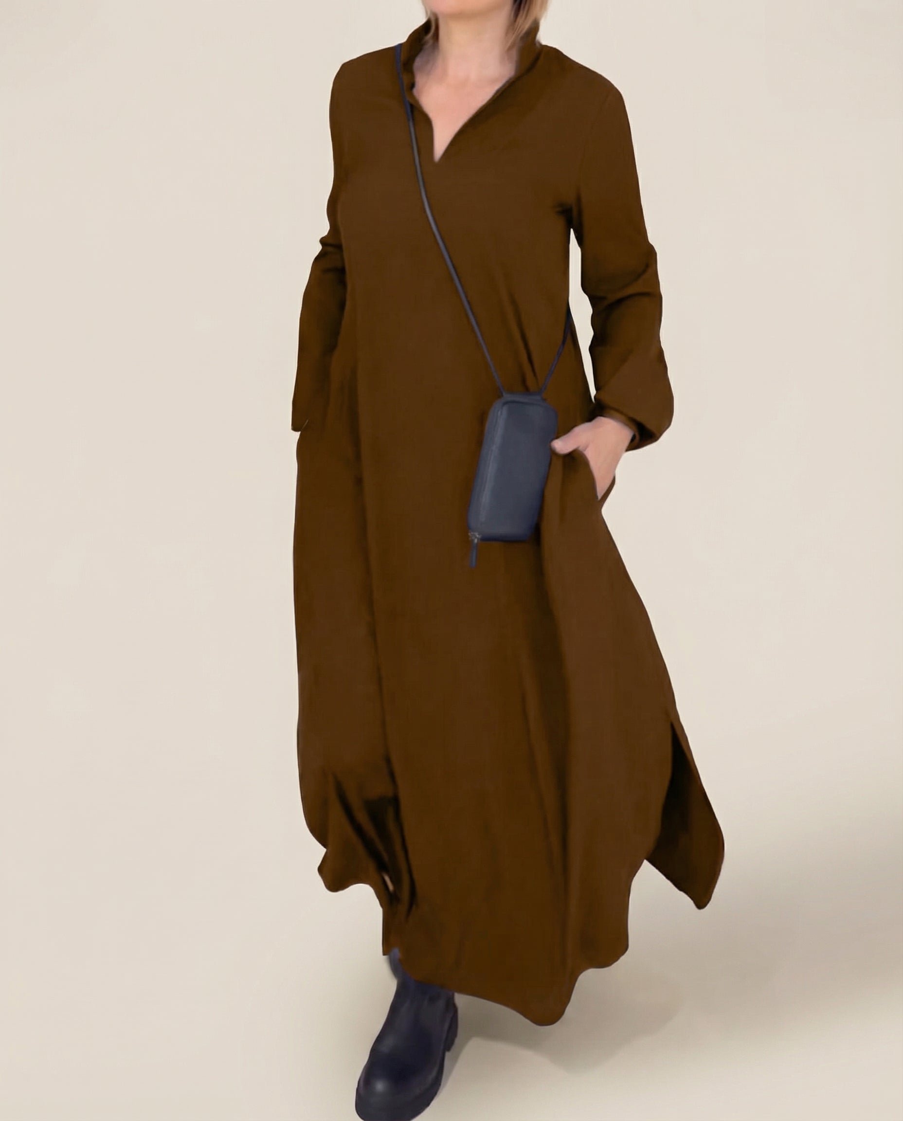 Dress in Linen — Long Sleeve Casual Loose Maxi with Stand Collar and Side Pockets
