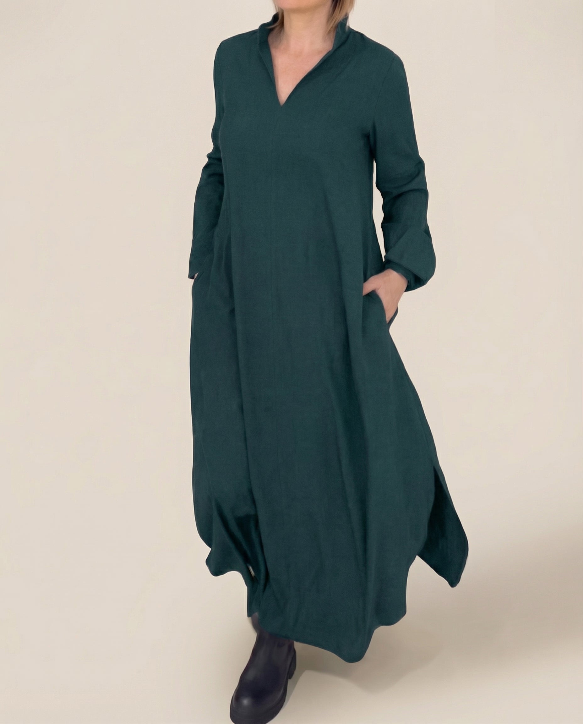 Dress in Linen — Long Sleeve Casual Loose Maxi with Stand Collar and Side Pockets