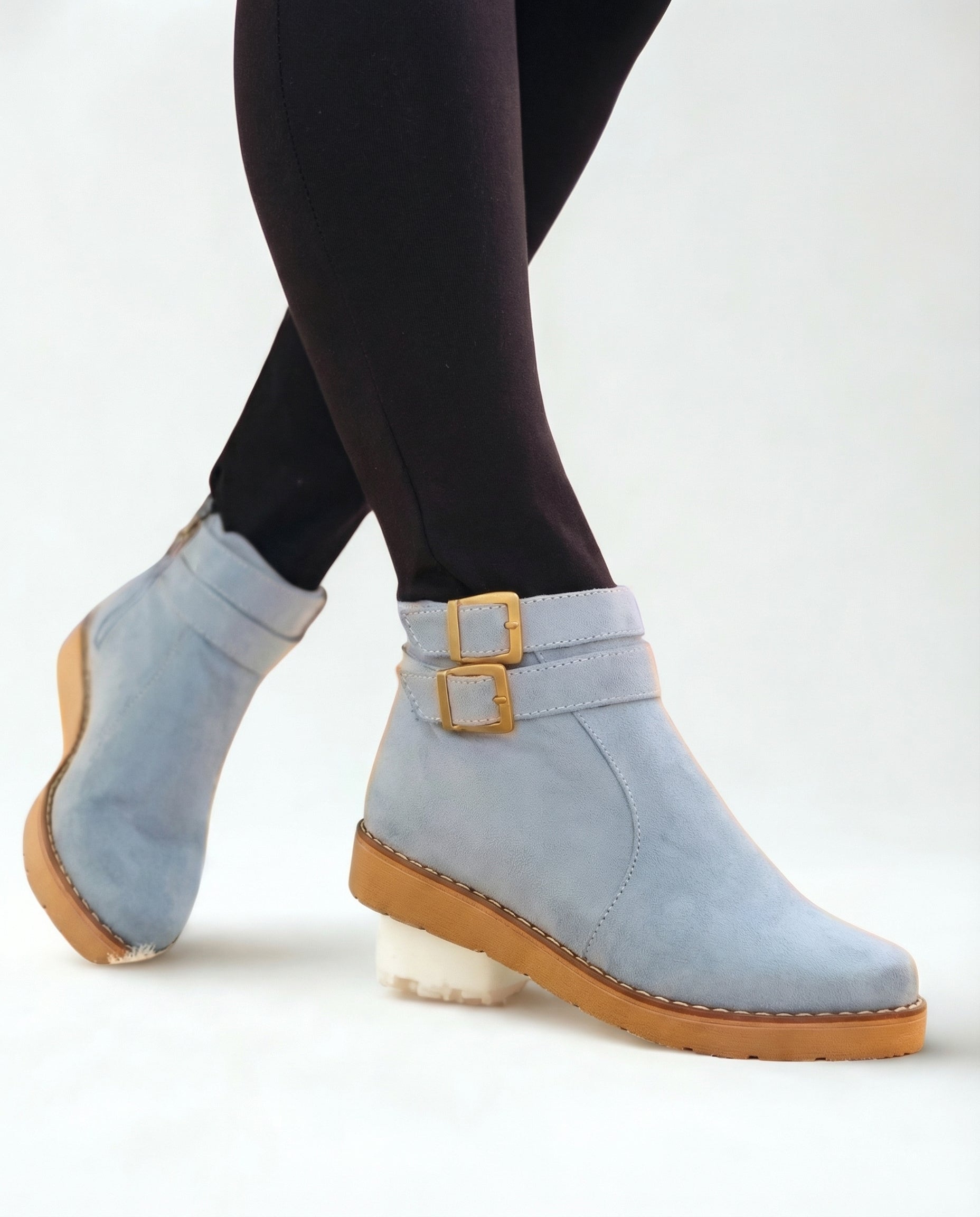 Ankle Boots in Suede with Double Buckle Strap — Flat Casual Style for Women