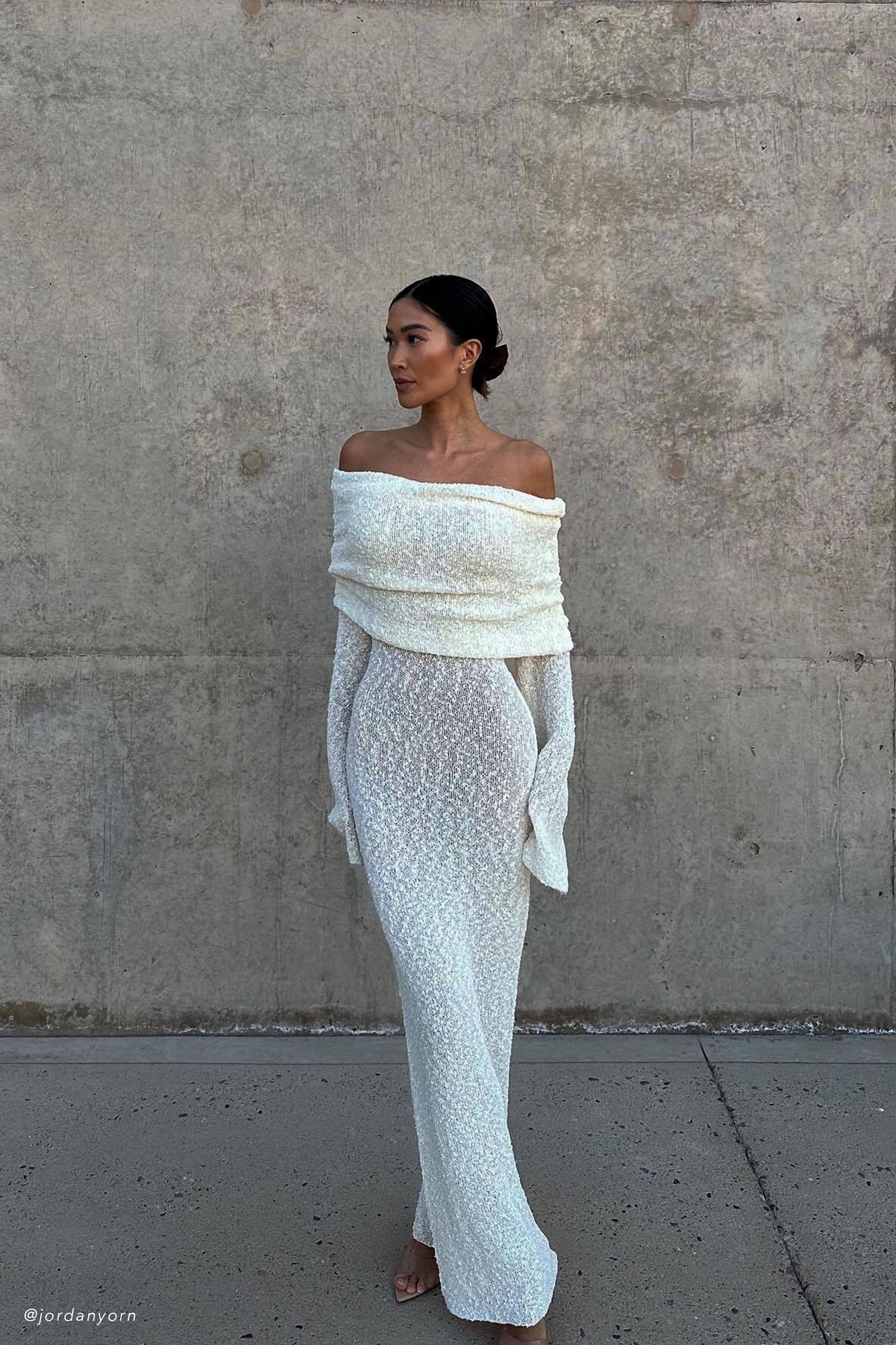 Dress in Knit — Off Shoulder Long Sleeve Bodycon Maxi with Draped Foldover for Formal Occasions