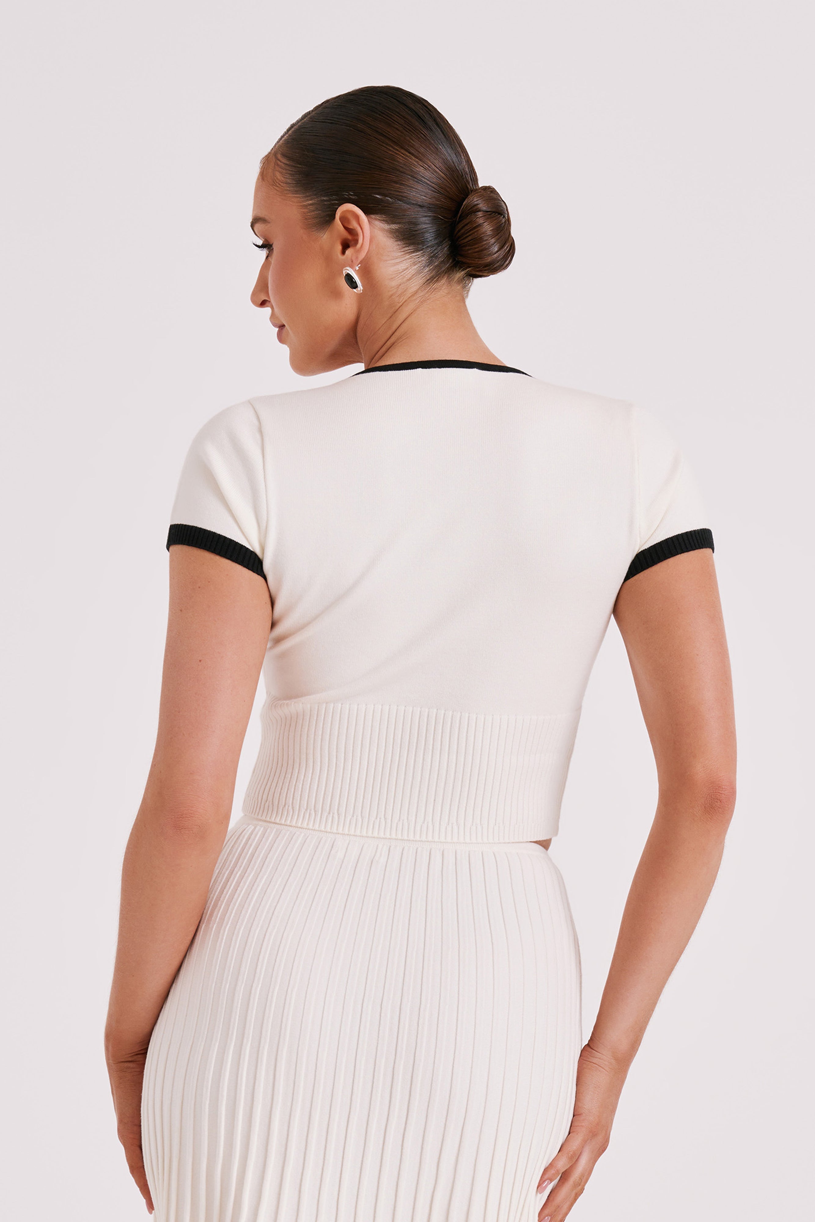 Ribbed Viscose Set — Deep V Neck Button Front Crop Top with Pleated Midi Skirt and Contrast Trim