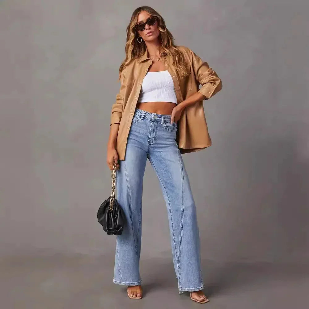 Jeans in Denim — High Rise Flare Leg with Front Panel Seam Detail for Women