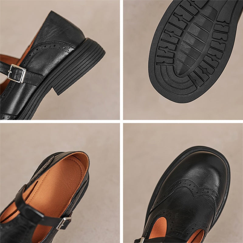 Mary Jane Shoes in Leather — Brogue Perforated T-Strap Buckle Flat for Women