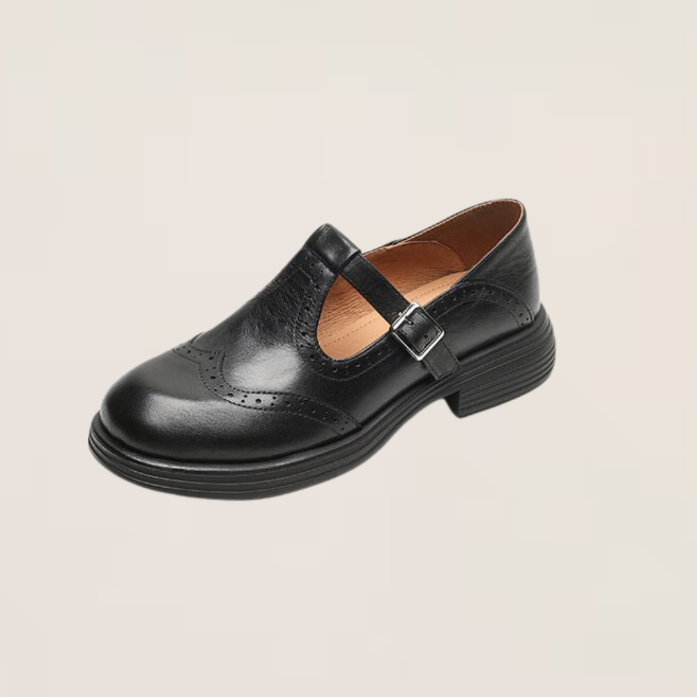 Mary Jane Shoes in Leather — Brogue Perforated T-Strap Buckle Flat for Women