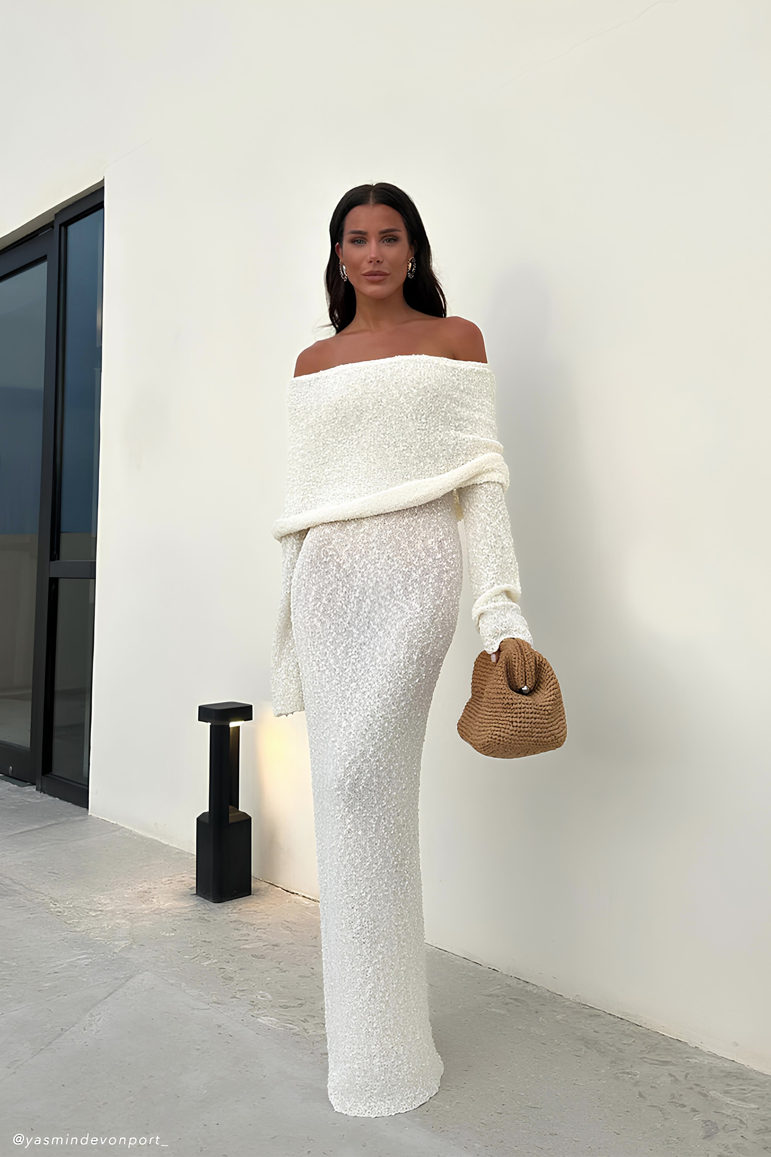 Dress in Knit — Off Shoulder Long Sleeve Bodycon Maxi with Draped Foldover for Formal Occasions